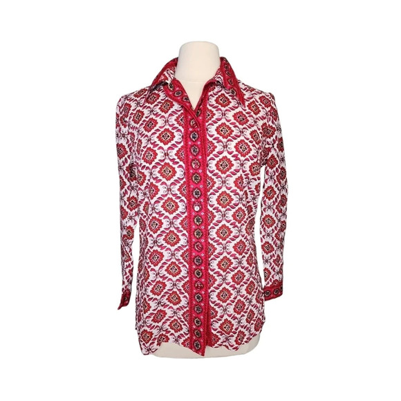 Vintage Alex Coleman Blouse Size 4 Red & White Pink Floral Button Up - Picture 1 of 11